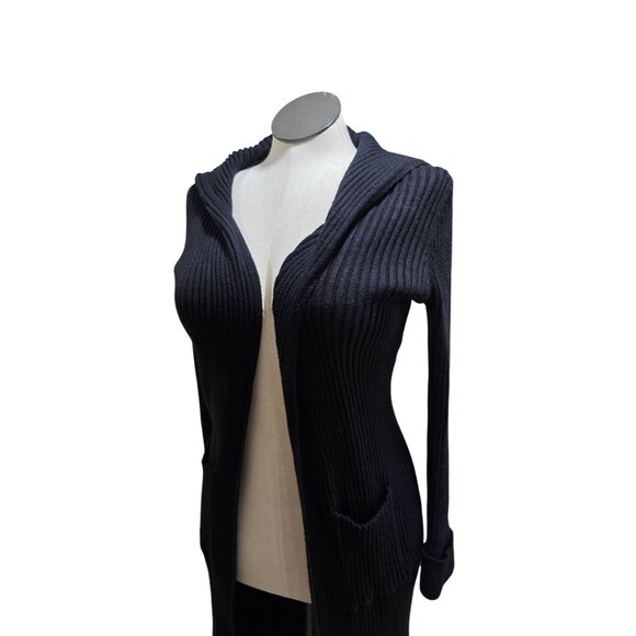 Ribbed Longline Open Cardigan Sweater With Pockets For Women Black - Picture 3 of 12